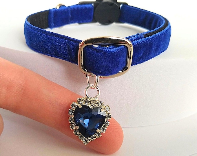 Dark blue Cat Collar:  Crystal heart, plush, Silver Locket, Adjustable, Breakaway/Non-Breakaway