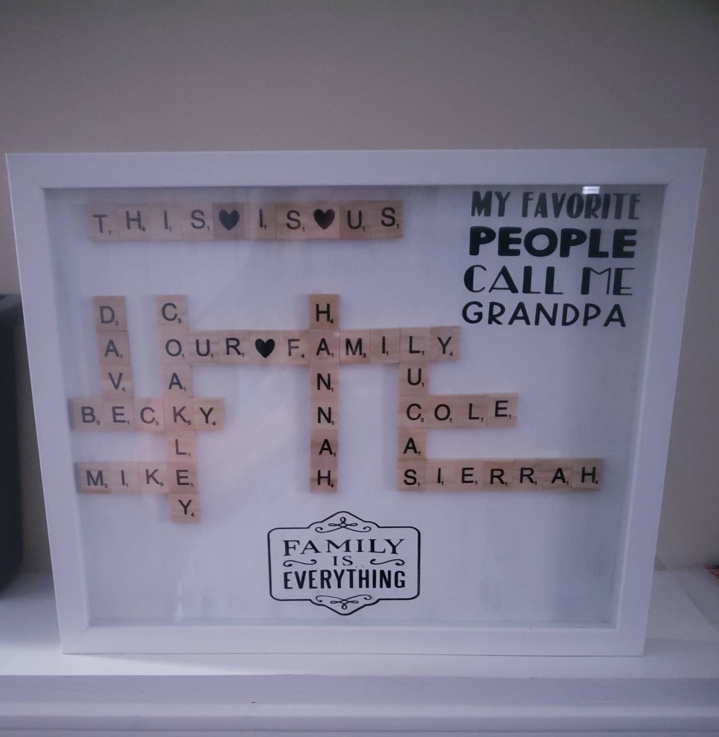 Scrabble Art family's names plus love, faith, and family. Scrabble letters  in a shallow shadow …