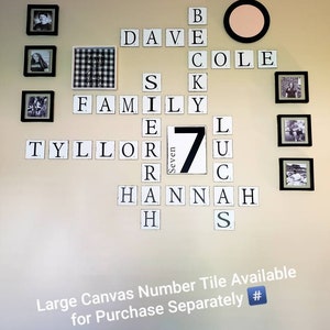 Personalized 4x4 1/4" thick Wood Scrabble Wall Letter Tiles family names, hanging art,rustic,squares, white, black, gray and distressed.