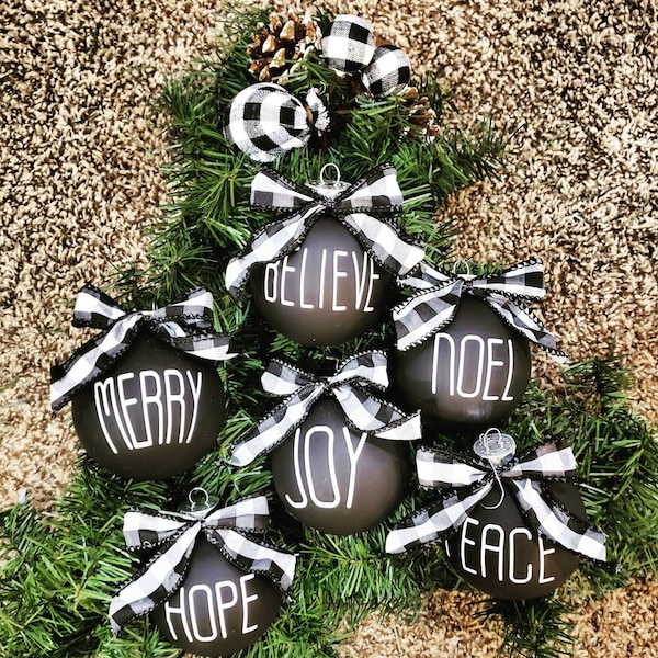 Set of 6 Buffalo check matte ornaments.  Black and white Rustic Christmas