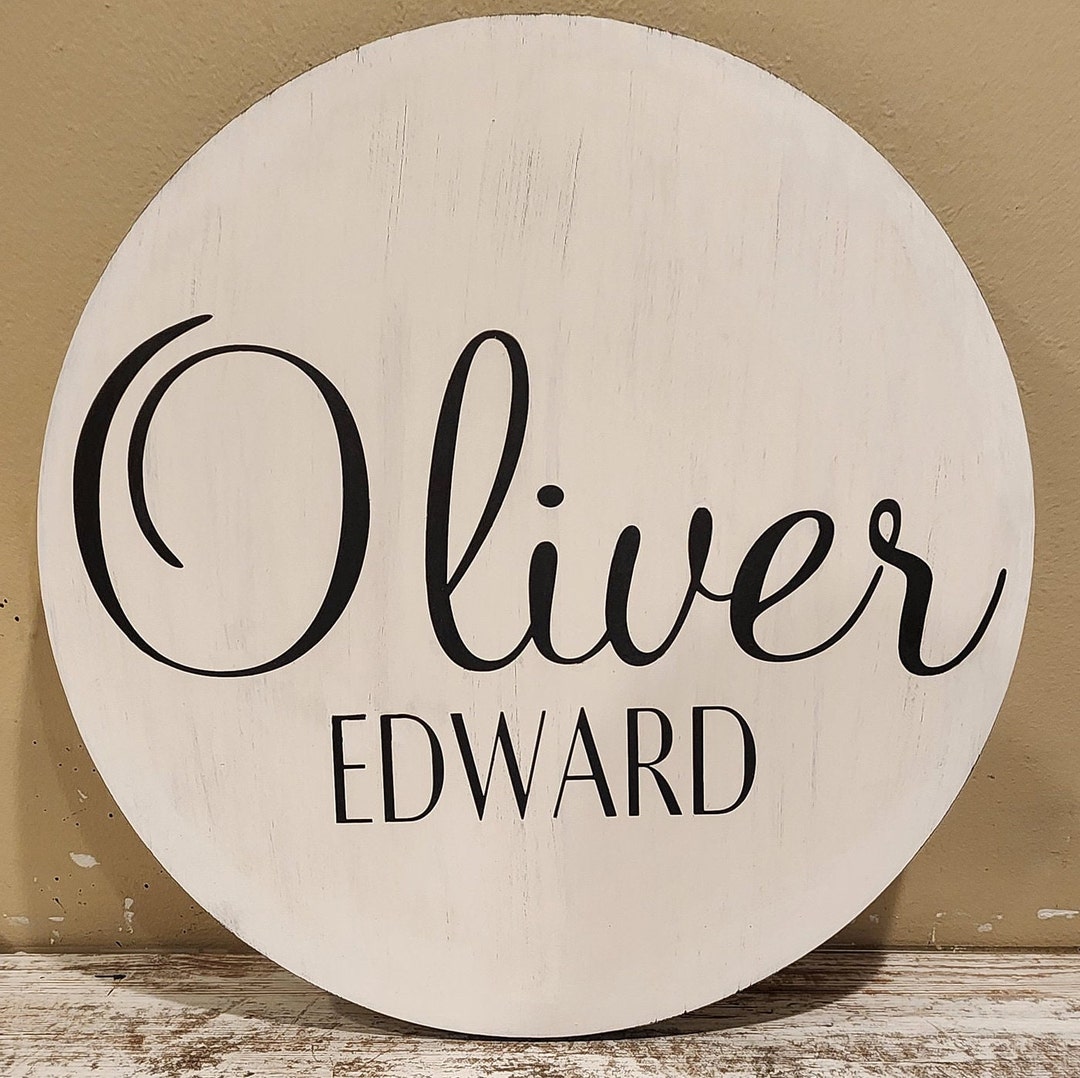Hand Painted Baby Name Round Nursery Décor White and Black Wood Round