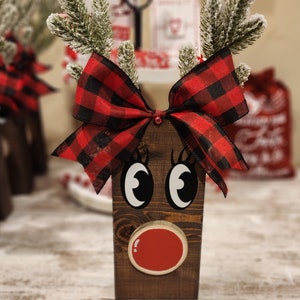 Wooden Block Reindeer 15 x 4 with flocked pine antlers Christmas Holiday decor shelf sitter secret Santa gift