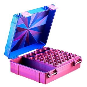 May include: A two-tone, open case with a geometric design on the inside lid. The case is primarily pink with blue accents and a geometric starburst pattern. The interior has multiple compartments.