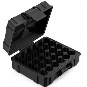 May include: Black plastic carrying case, open to reveal multiple circular compartments. The case has a hinged lid with a latch closure and a handle. The interior is designed to hold small cylindrical objects.