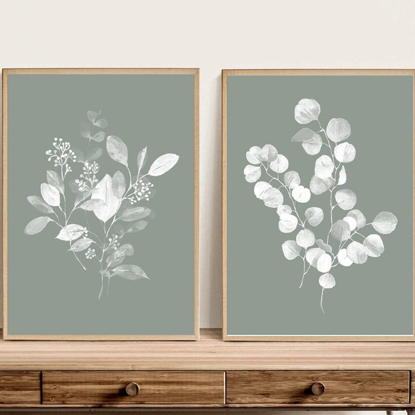 Druckbare Kunst, Salbei grüner botanischer Druck Set von 2 Drucken, Eukalyptus botanische Drucke, Aquarell botanische, abstrakte botanische Wandkunst
