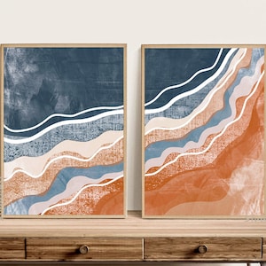 Printable Art, Abstract Beach Print, Set of 2 prints, Beach Landscape Print, Abstract Minimal Wall Art, Orange Blue Beach Boho Wall Art