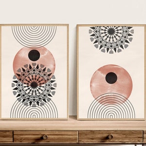 Printable Art, Mid Century Modern Art Prints, Abstract Geometric print Set of 2 Prints, Mandala Black Terracotta Modern Digital Wall Art