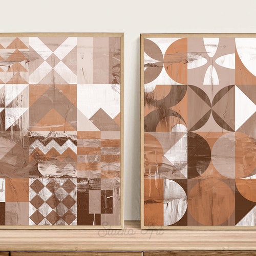 Abstract Art Set of 2 Brown Geometric Printable Art Neutral Etsy