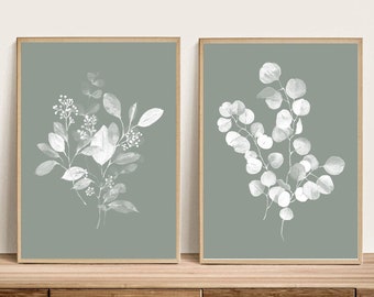 Printable Art, Sage Green Botanical Print set of 2 prints, Eucalyptus Botanical Prints, Watercolor Botanical, abstract botanical Wall Art