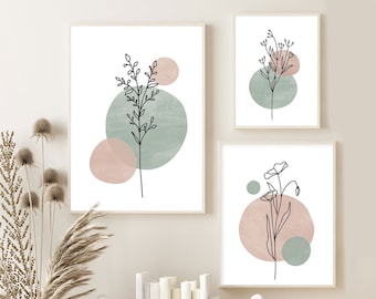 Printable Art, Botanical Print set of 3 prints, Floral Line Prints, Sage & Blush Wild Flowers Prints, abstract botanical Minimal Wall Art