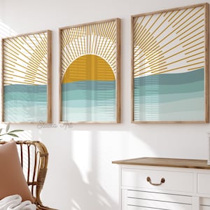 Gelbe Sonne Print 3er Set, Boho Ozean Sonnenuntergang druckbare Kunst, Kinderzimmer Wandkunst, Blaue Gelbe Sonne Print, moderne Wandkunst, Wohnheim Strand digitale Kunst