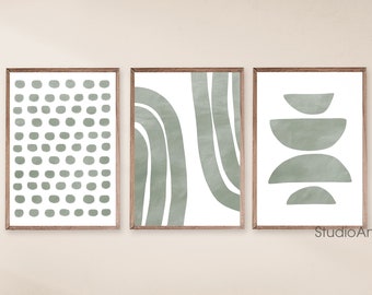 Green Mid Century Modern Art Prints, Abstract Geometric print Set of 3 Prints, Printable Art, Wall Art Decor, Sage Green Digital Art