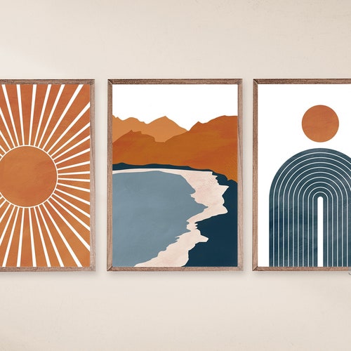 Blue Abstract Art Set of 3 Mid Century Modern Art Gallery Etsy