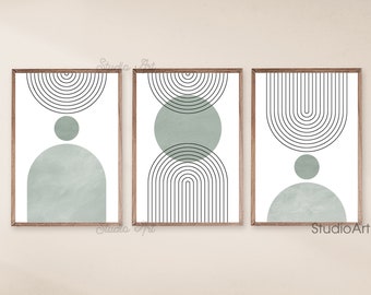 Mid Century Modern Print Set of 3, Geometric Line Prints, Printable Art, Wall Art Decor, Sage Green Digital Art, Boho Green Art, Minimal Art