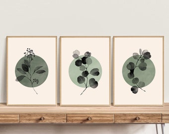 Botanical Print set of 3 prints, Eucalyptus Prints, Beige Sage Green Botanical Prints, abstract botanical Wall Art Decor, Printable Art