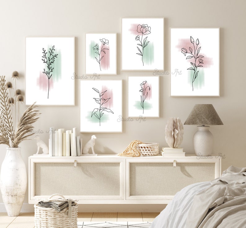 Botanical Art Print Set of 6 Prints Floral Line Prints Pink Etsy