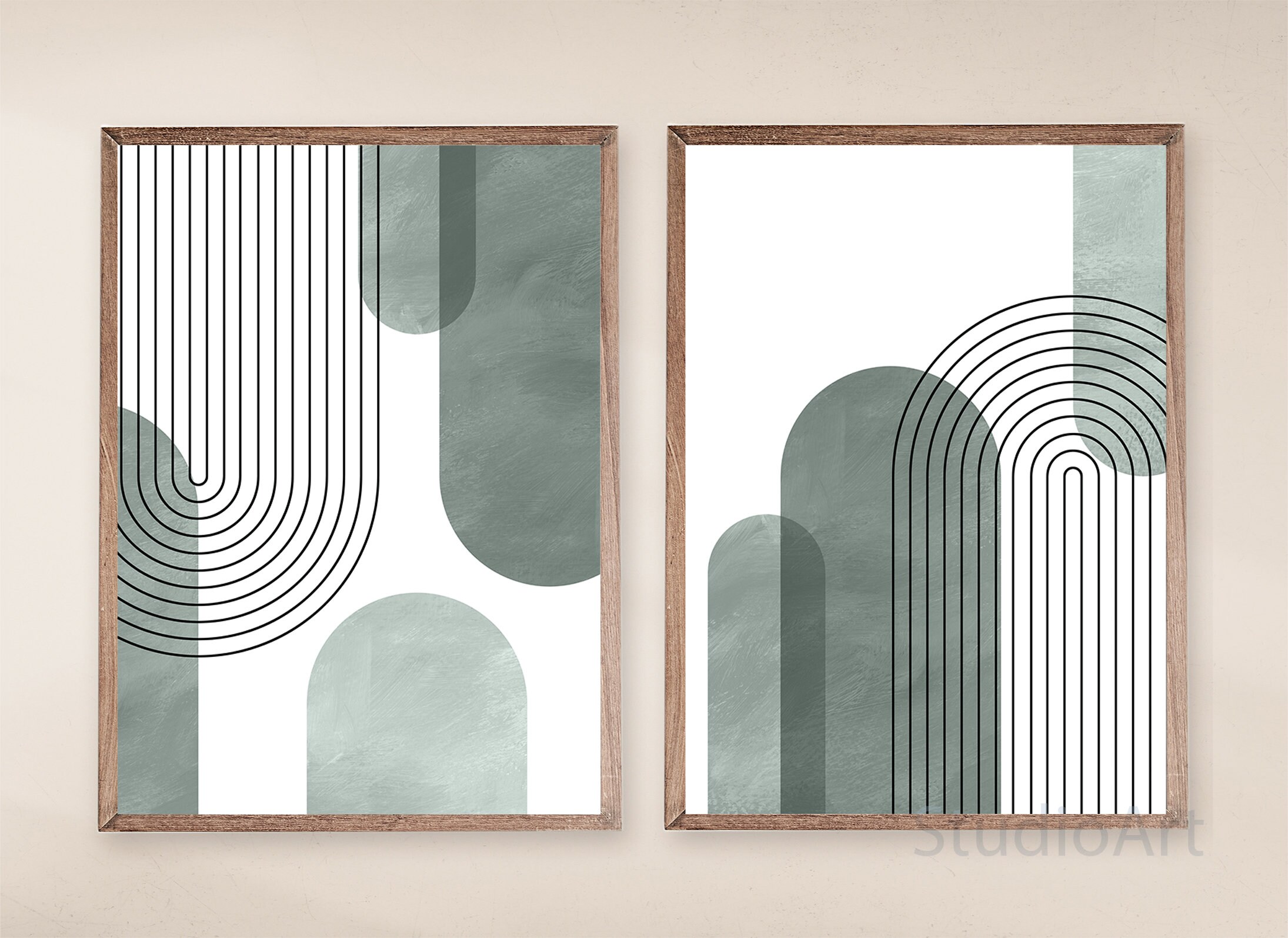 Mid Century Modern Green Art Print Set of 2, Abstract Geometric Prints ...