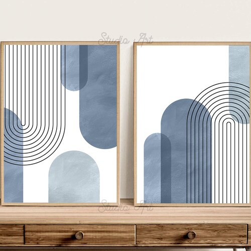 Mid Century Modern Blue Art Print Set of 2 Abstract Geometric - Etsy