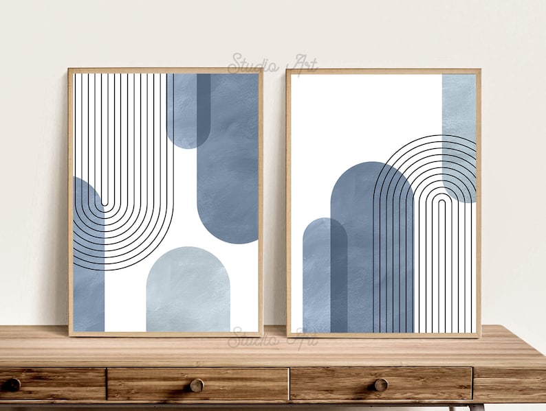 Mid Century Modern Blue Art Print Set of 2 Abstract Geometric Etsy