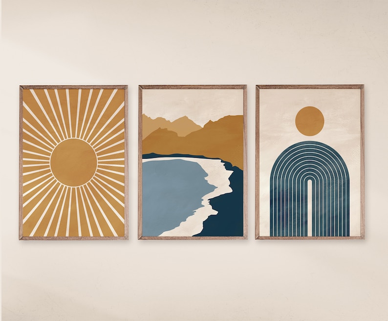 Modern Wall Art Mid Century Modern Art Set of 3 prints Navy Blue and Yellow Art Digital Art Abstract Geometric print Printable Art