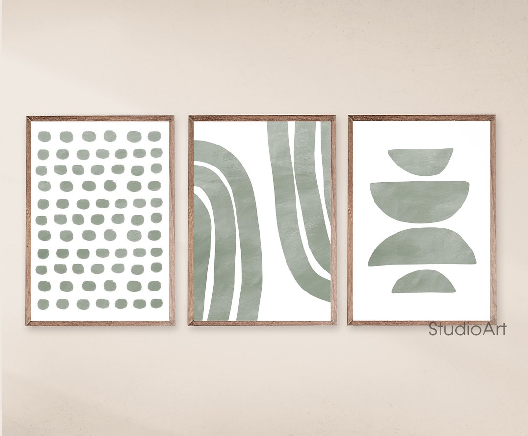 Green Mid Century Modern Art Prints, Abstract Geometric Print Set of 3 ...
