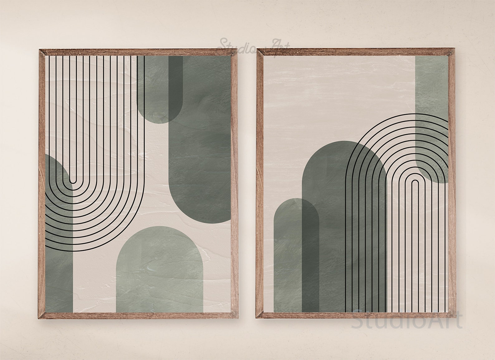 Mid Century Modern Green Art Print Set of 2 Abstract Etsy