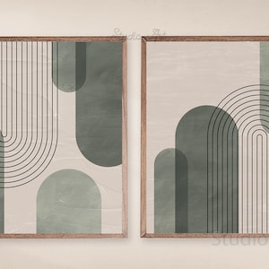 Mid Century Modern Green Art Print Set of 2 Boho Abstract - Etsy