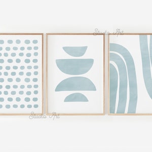 Light Blue Mid Century Modern Art Prints, Abstract Geometric print Set of 3 Prints, Printable Art, Wall Art Decor, Powder Blue Digital Art