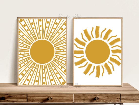 Yellow Sun Print Set of 2 Printable Art Yellow Boho Sun | Etsy