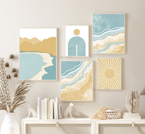 Boho Beach Printable Art Aqua Blue and Pastel Yellow Wall | Etsy