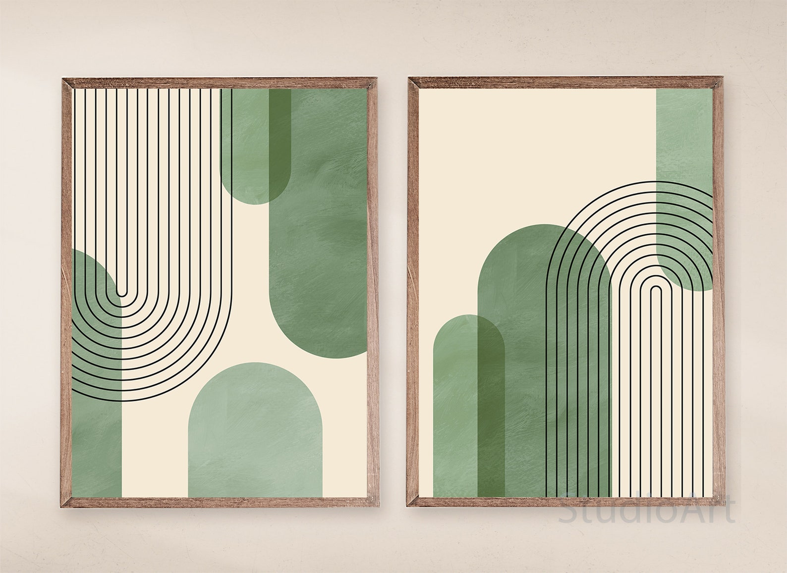 Mid Century Modern Green Art Print Set of 2 Abstract Etsy
