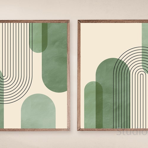 Mid Century Modern Green Art Print Set of 2 Abstract - Etsy