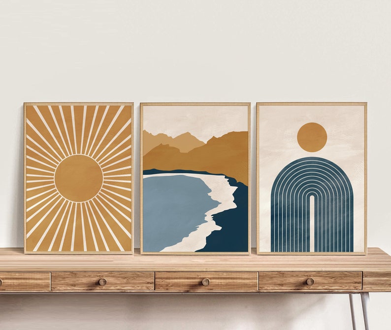 Modern Wall Art Mid Century Modern Art Set of 3 prints Navy Blue and Yellow Art Digital Art Abstract Geometric print Printable Art