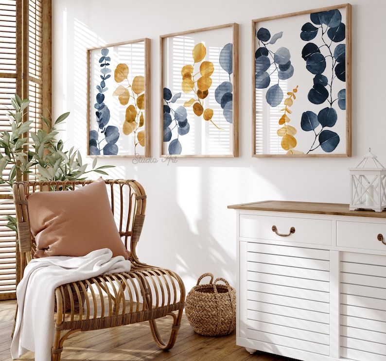 Eucalyptus Botanical Print Set of 3, Blue and Yellow Boho Eucalyptus ...