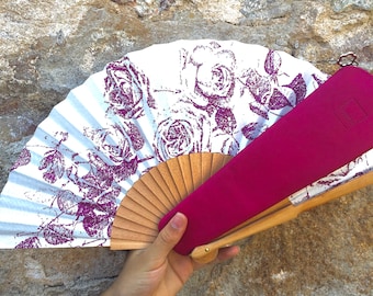 Hand Fan with leather case , fuchsia , Handmade , Fashion Accessory , Abanico , Popelin , Contemporary spanish fans , Barcelona .