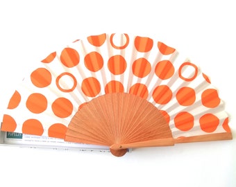 Hand Fan , Orange Circles , Handcrafted , Fashion accessory  , Practical and beautiful gift for woman , Abanico , Popelin , Barcelona.