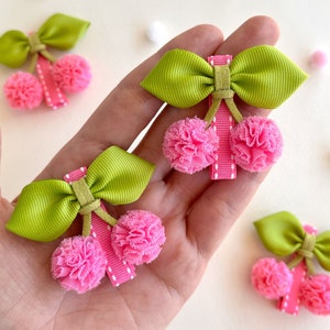 Cherry Hair Clips: Pink Pom Pom Bows, Set of 2