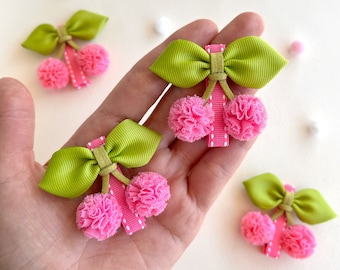 Cherry Hair Clips: Pink Pom Pom Bows, Set of 2