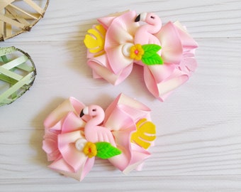 Flamingo hair bows, Spring Hair Bow, Summer Hair Bow, Bows with flamingo, Girls Hair bow,  Bows for girl, girls Hair clip