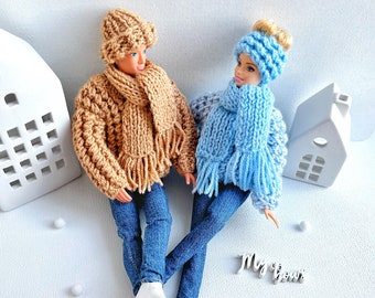 Warm set, Knitted warm doll clothes, Knitted hat and scarf, Handmade doll clothes, Doll Outfit, Warm sweater for doll 11,5 inch, 1:6 doll