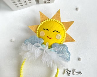 Sun headband, Happy face sun headpiece, toddler birthday headband, Sunshine Sun Rays Headband, sun cloud bow, sun crown, yellow party