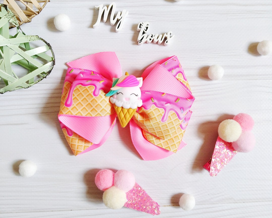 Ice cream hair bow, Ice cream bow on Clips, Ponytail pink Bow , Hair