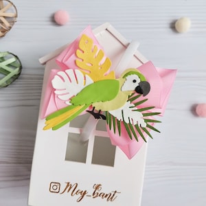 Parrot Bow Headband: Tropical Leaves, Pink Grosgrain Ribbon