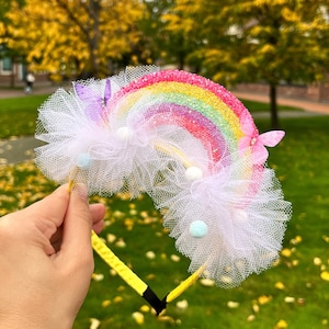 Rainbow Birthday Headband: Tulle Clouds, Rainbow Bow