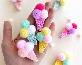 Ice Cream Hair Clips: Glitter Pom Pom Summer Accessories (Set of 2)