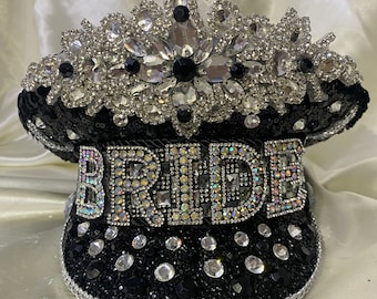 Black/ Silver Bride Hat|Hen Do Hat|Hen Party Hat|Captain Hat|Military hat|Burning Man Hat|Festival Hat