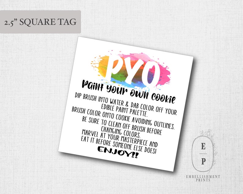 Paint Your Own Cookie Diy Instructions INSTANT DOWNLOAD PYO Cookie Instruction Printable 2.5 Square Cookie Tag