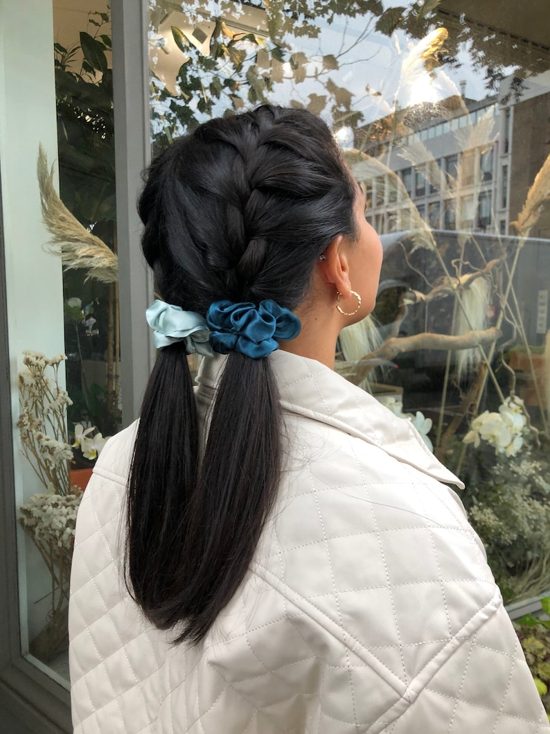 Ocean Blue Pack of 5 Satin Scrunchies GIFT SET made from surplus dead stock locally sourced in the UK