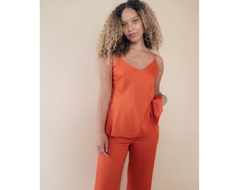 Orange Bamboo Silk Camisole | Vegan Silk Adjustable Tie Up Spaghetti Strap V Neck Cami Top | Natural Eco Silk Bias Cut Top | Green & Black