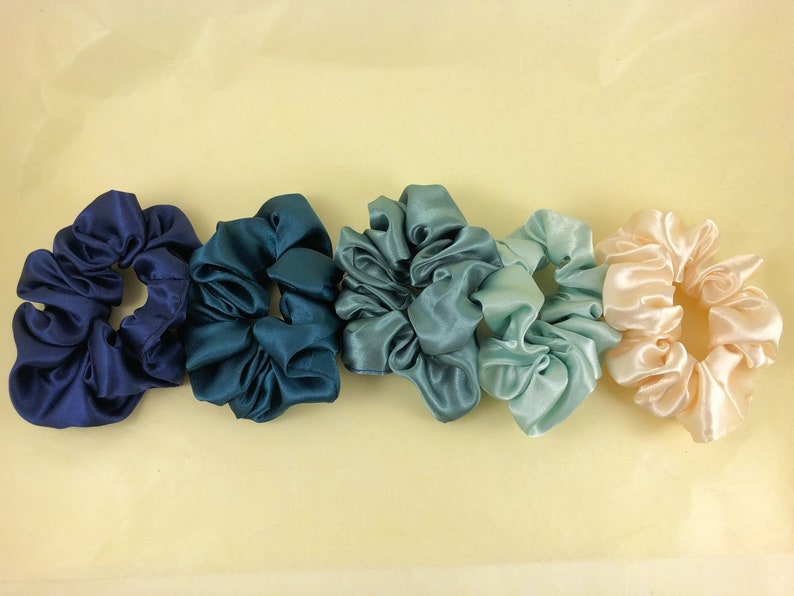 Ocean Blue Pack of 5 Satin Scrunchies GIFT SET made from surplus dead stock locally sourced in the UK